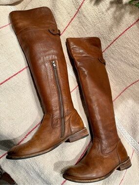 Frye Shirley OTK Over the Knee Tall Cognac Brown Leather Boots Flat Size 6.5